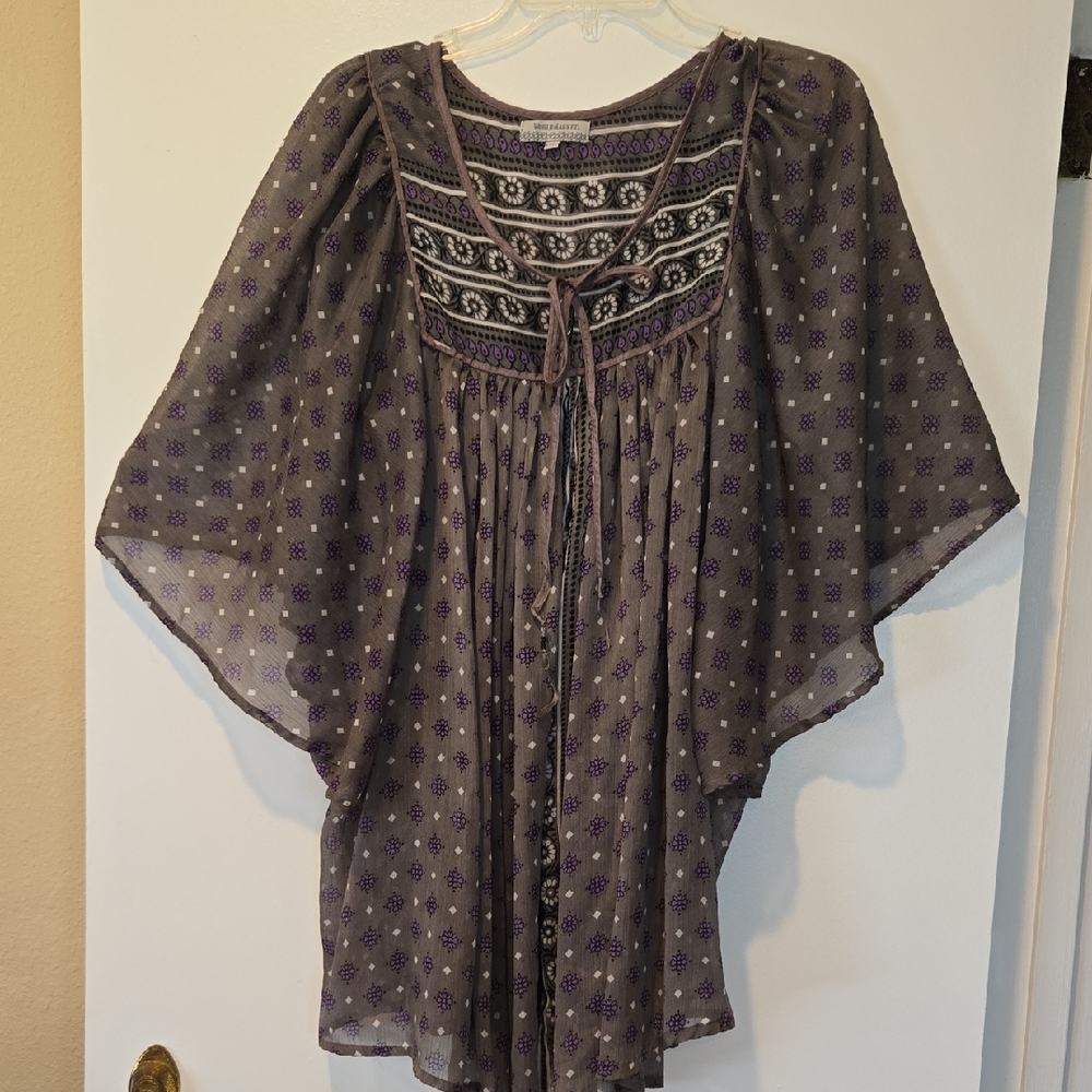 Cost Plus World Market Gray With Purple, Black & White Pattern Sheer Tunic Top